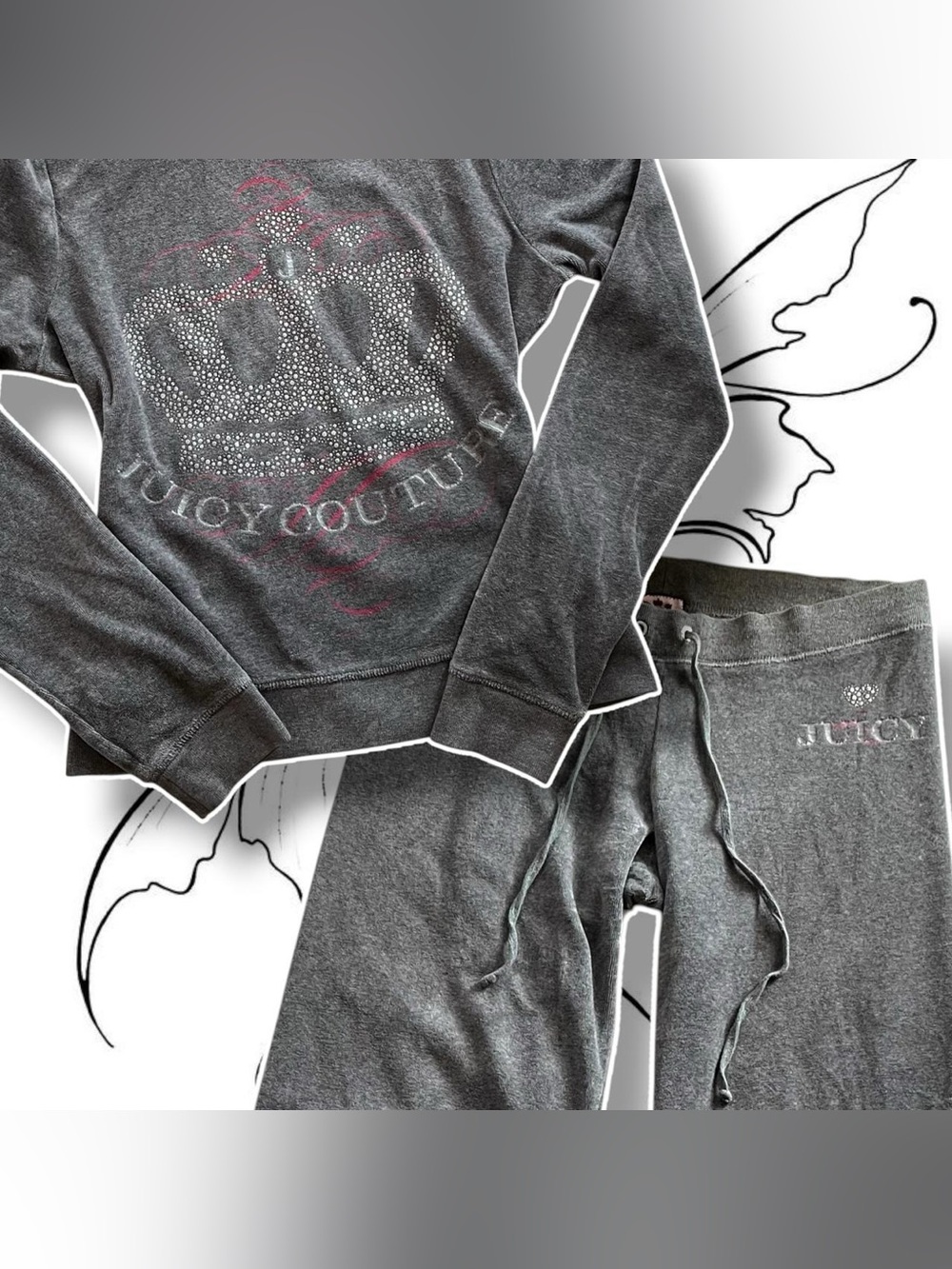 Vintage Y2K Juicy Couture Grey/Glittery Silver/Pink Velour Tracksuit